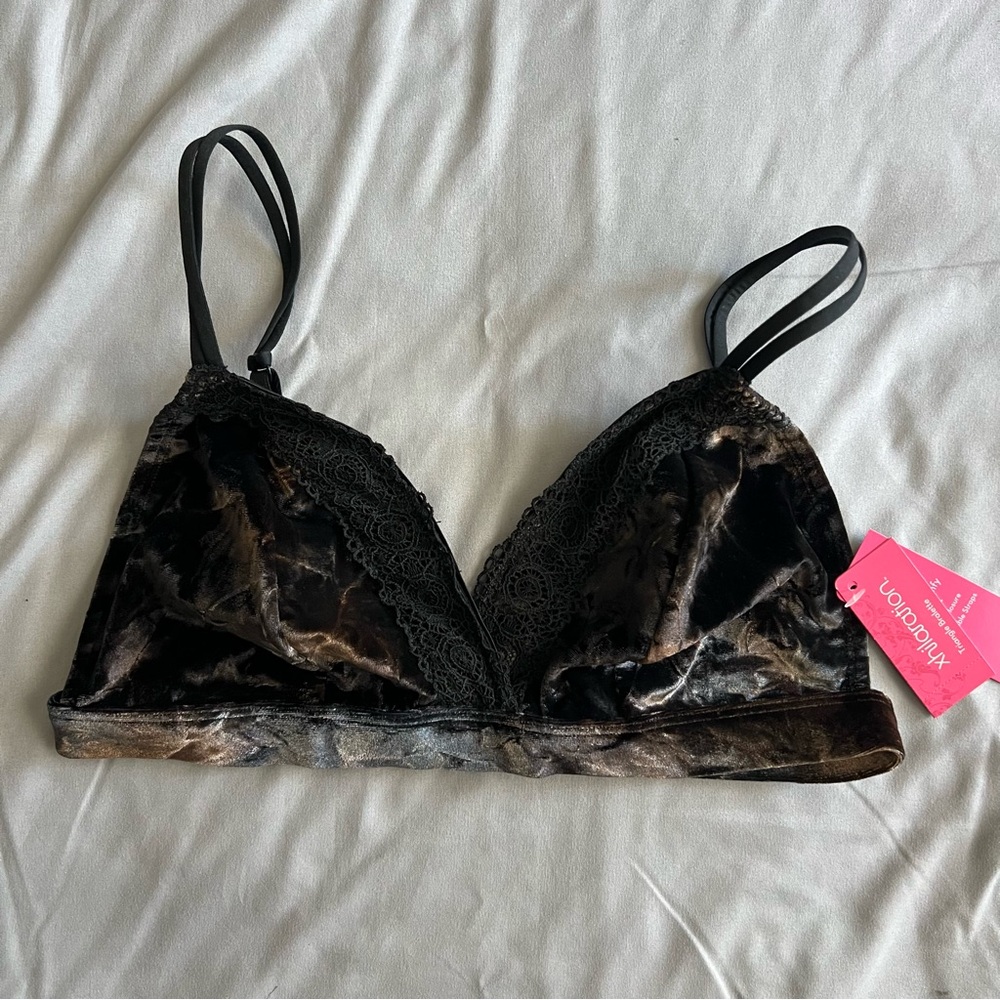 xhilaration black/brown lace-trimmed velour triangle bralette nwt